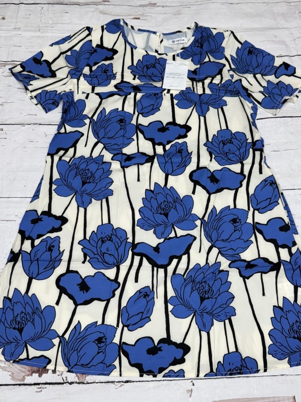Wenrine Blue Floral Shift Dress L Short Sleeve A-Line Midi NWT - Picture 3 of 7